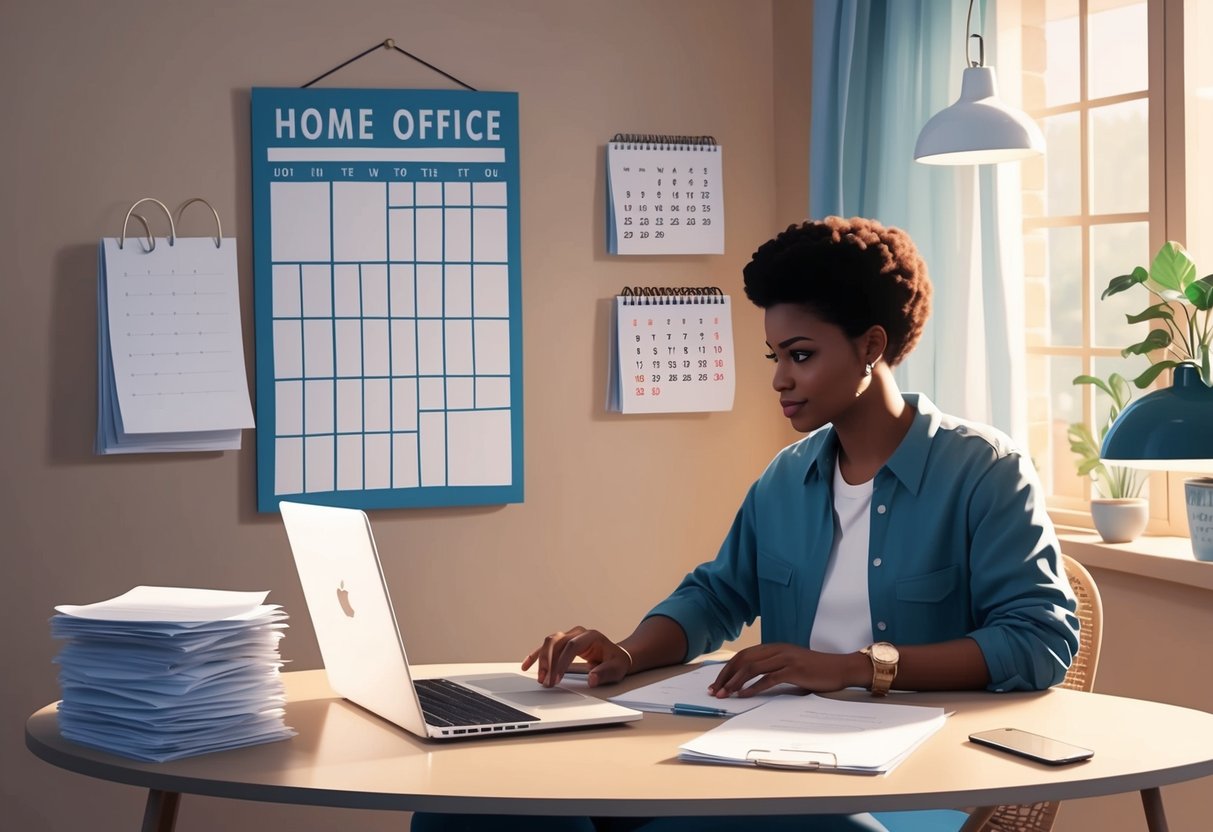 A cozy home office with a laptop, a stack of papers, and a calendar on the wall. A person is seen delegating tasks to virtual assistants