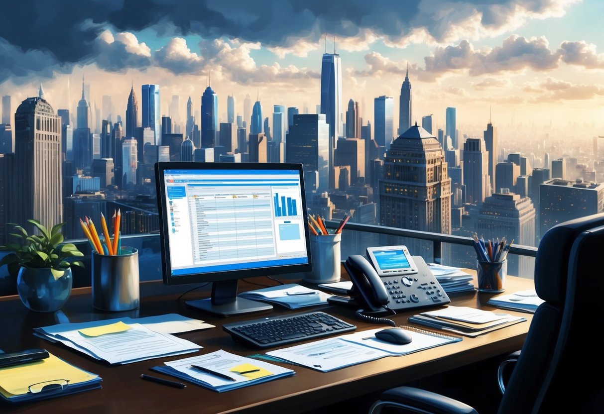 A busy office desk with a computer, phone, and paperwork, surrounded by a bustling city skyline