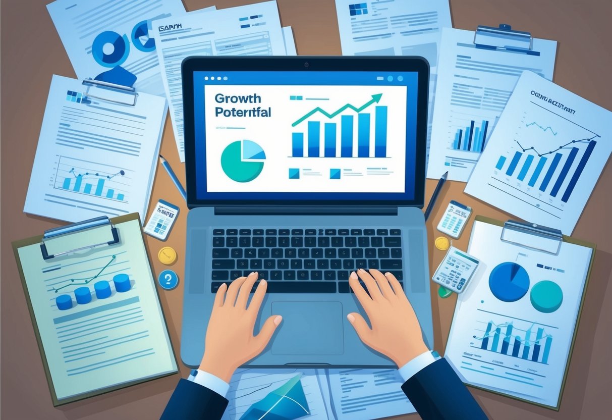 A laptop surrounded by legal and financial documents, with a digital product displayed on the screen. Charts and graphs show growth potential