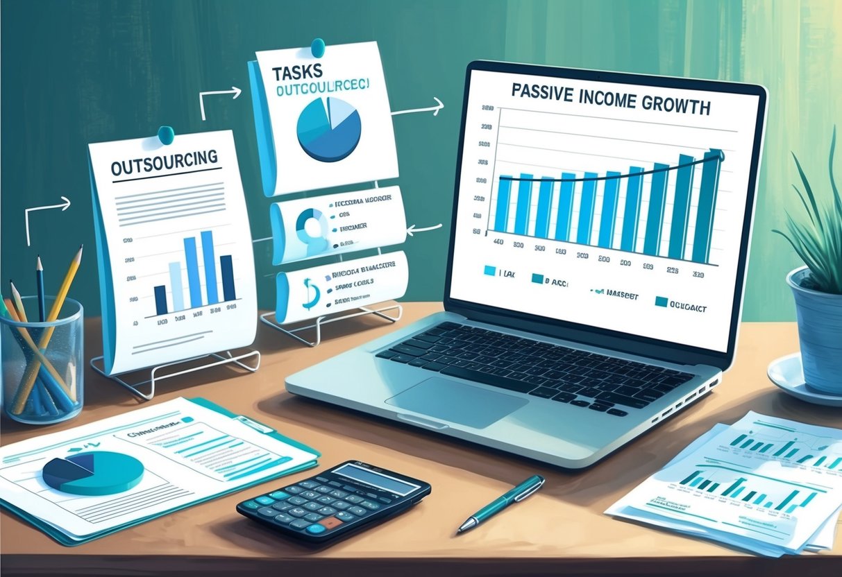A desk with a laptop, calculator, and financial documents. A flowchart showing tasks being outsourced. Charts displaying passive income growth