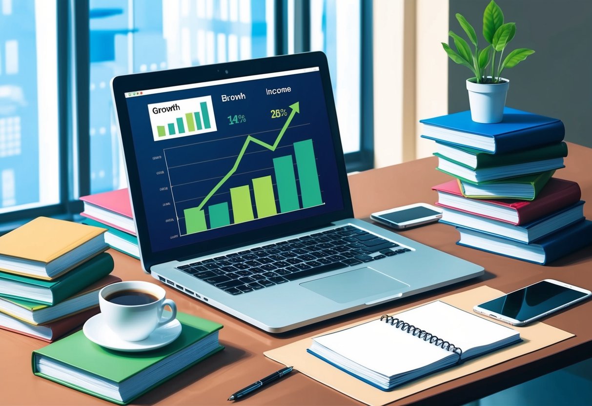 A laptop, surrounded by stacks of books and a notepad, sits on a desk with a cup of coffee. A chart showing growth and income is displayed on the screen