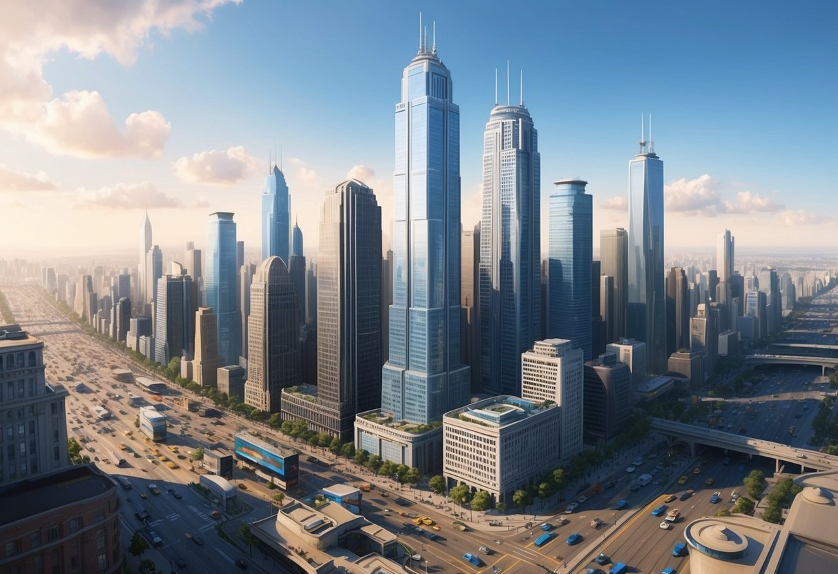 A city skyline with multiple skyscrapers and buildings, surrounded by bustling streets and busy traffic