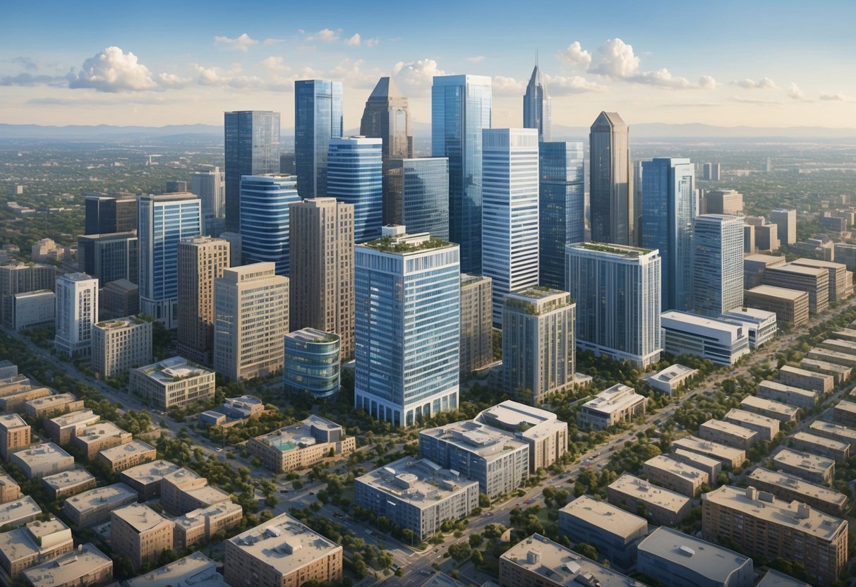 A bustling city skyline with various types of real estate properties, including office buildings, residential complexes, and commercial spaces, surrounded by a mix of urban and suburban landscapes