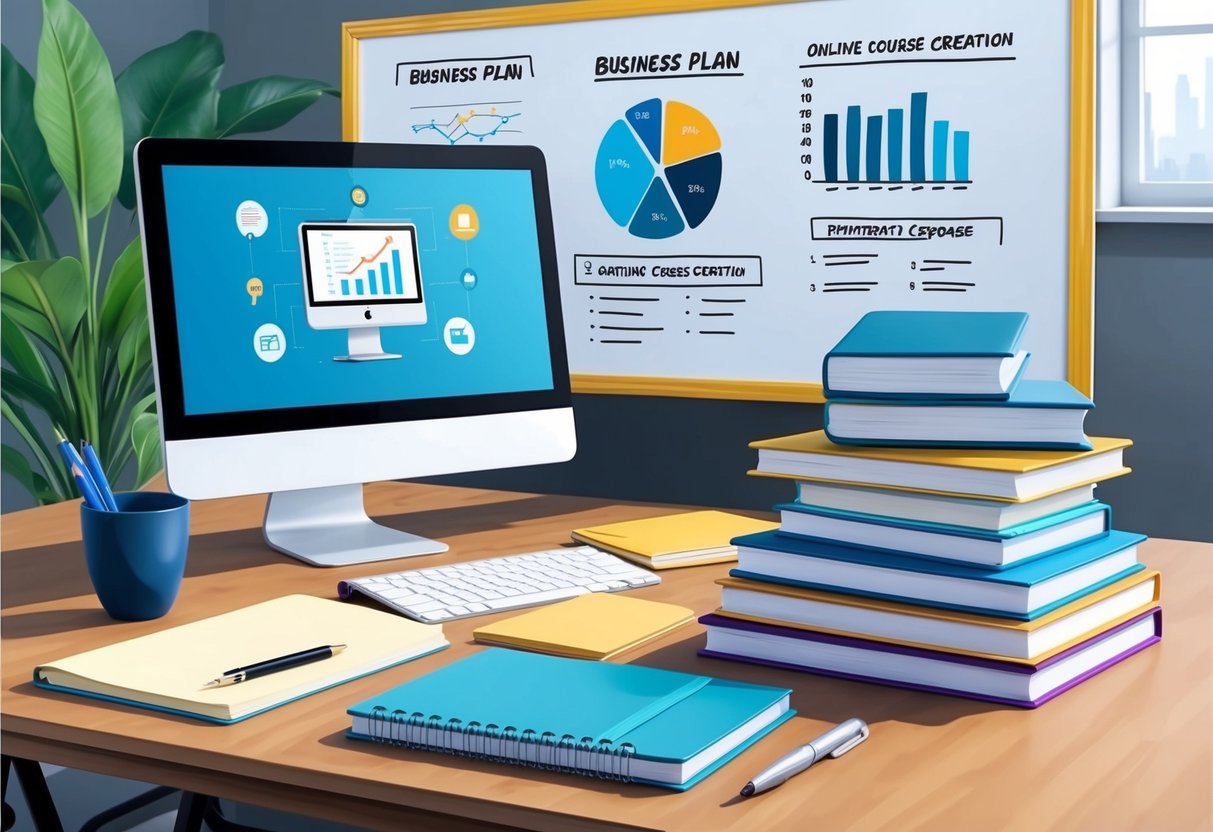A desk with a computer, notebook, and pen. A whiteboard with a business plan and charts. A stack of books on online course creation