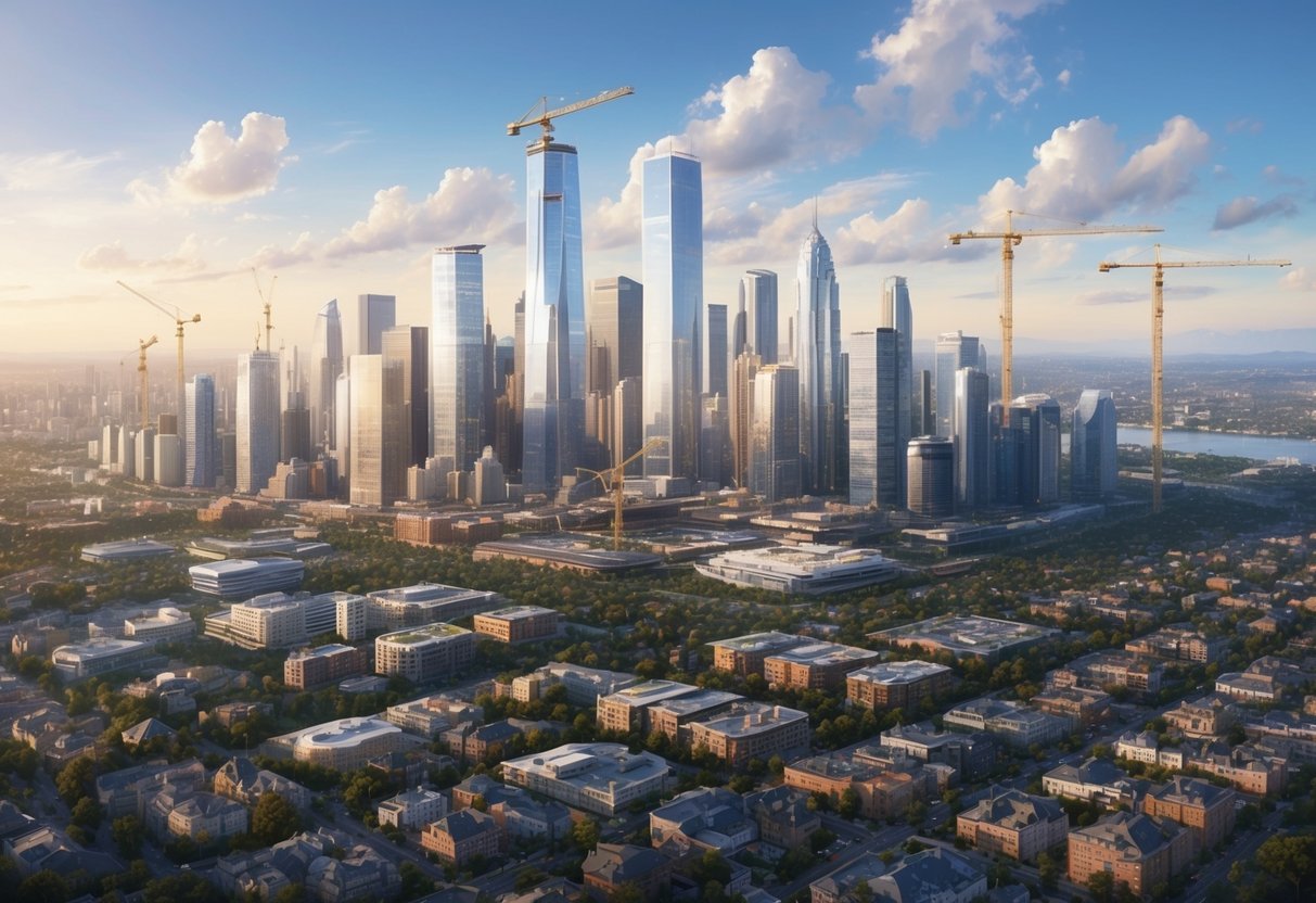 A bustling city skyline with skyscrapers and construction cranes, surrounded by a mix of urban and suburban neighborhoods