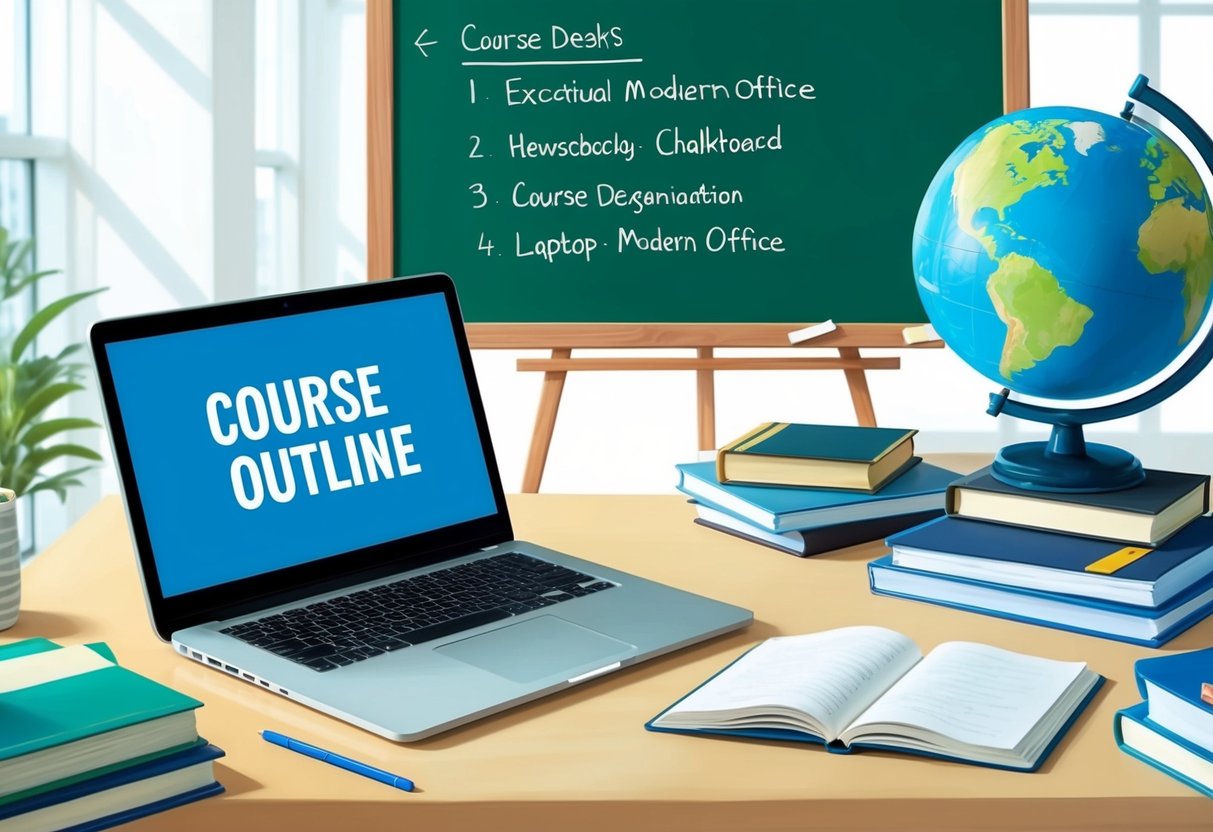 A laptop surrounded by books, a chalkboard with a course outline, and a globe on a desk in a bright, modern office