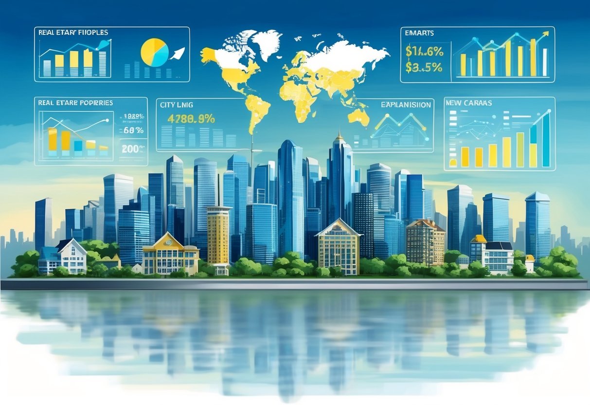 A bustling city skyline with various real estate properties, financial charts and graphs, and a map showing expansion into new markets