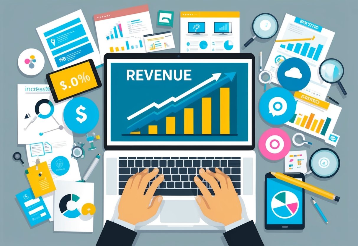 A laptop displaying a graph of increasing revenue, surrounded by various marketing materials and digital tools