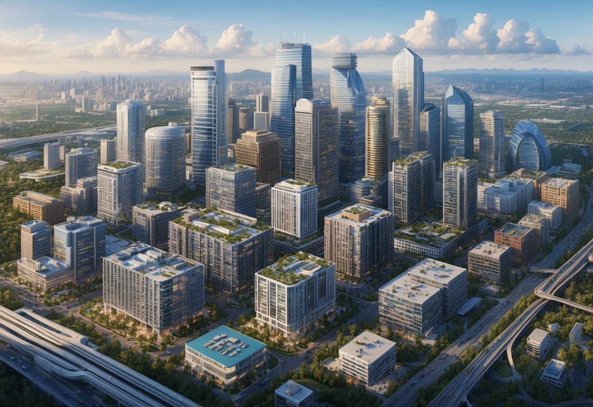 A bustling city skyline with various real estate properties, including office buildings, residential complexes, and commercial spaces, all surrounded by a diverse mix of urban infrastructure and natural landscapes