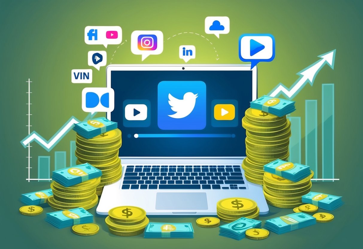 A laptop with social media icons and video platform logos surrounded by stacks of money and a graph showing increasing profits