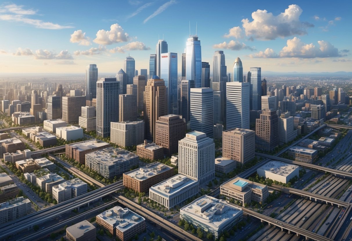 A bustling city skyline with various types of commercial and residential properties, surrounded by a diverse mix of urban infrastructure and transportation networks