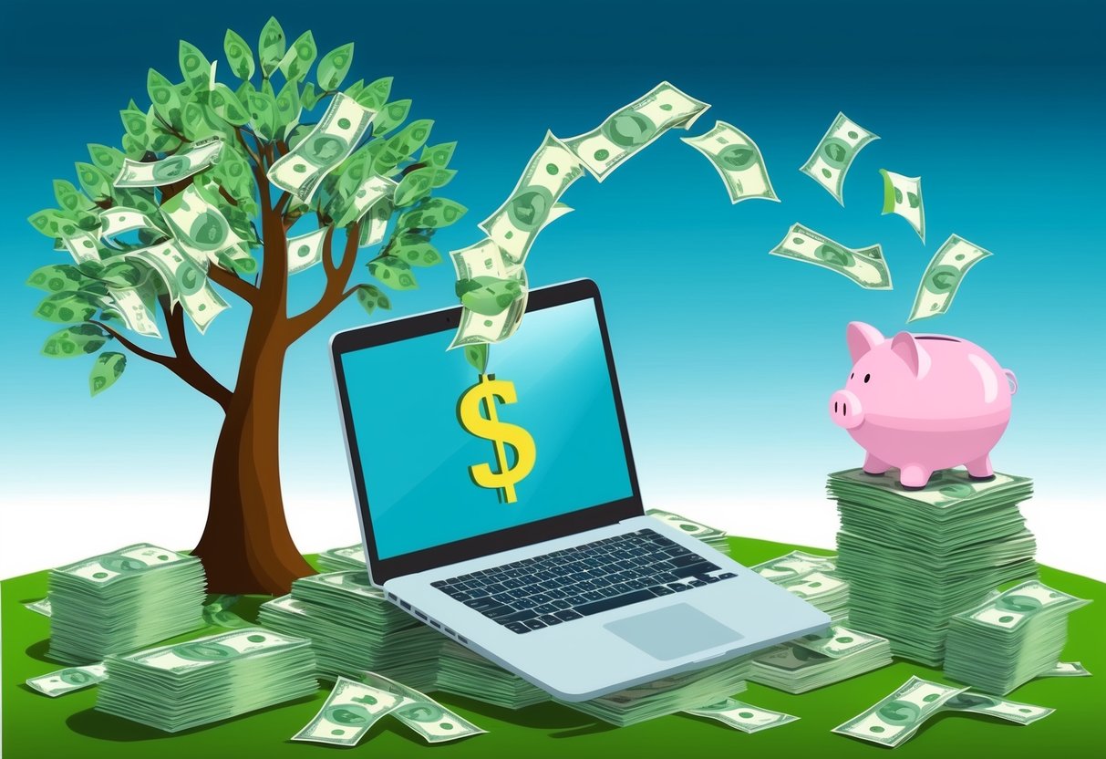 A laptop surrounded by stacks of money, a growing tree with dollar bills for leaves, and a stream of income flowing into a piggy bank