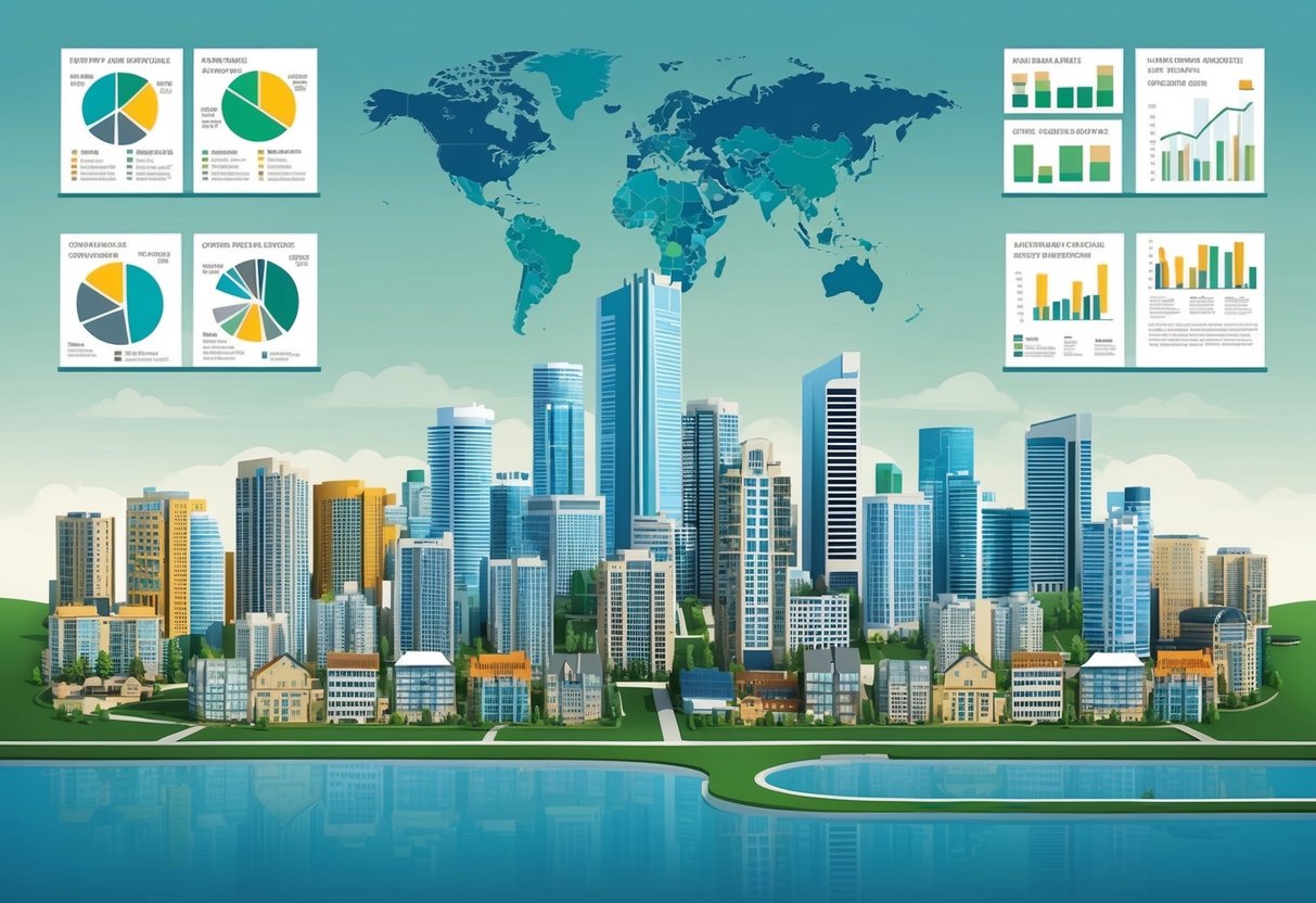 A city skyline with various types of real estate properties, including residential, commercial, and industrial buildings. Surrounding the skyline are maps and charts showing different market areas and potential growth opportunities