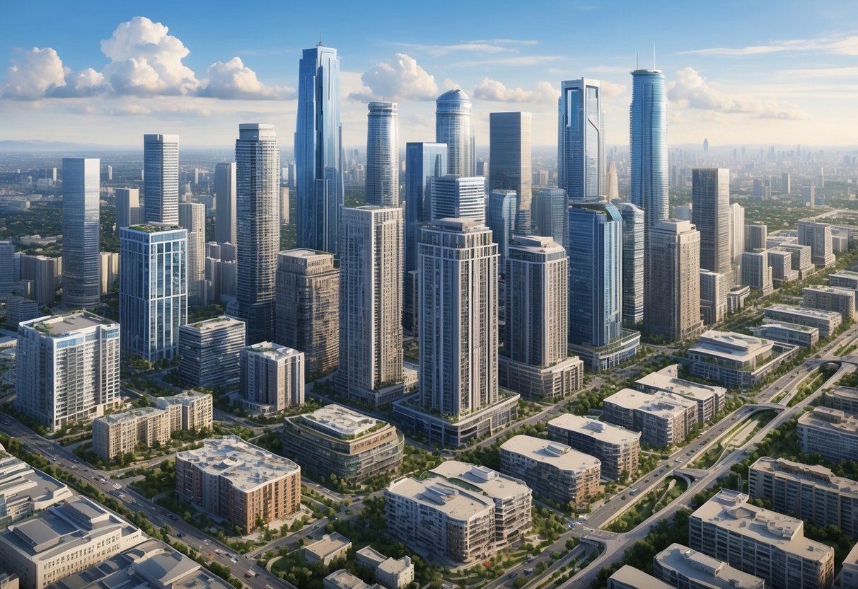 A bustling city skyline with various types of real estate properties, such as high-rise buildings, residential complexes, and commercial spaces, all interconnected with roads and transportation networks