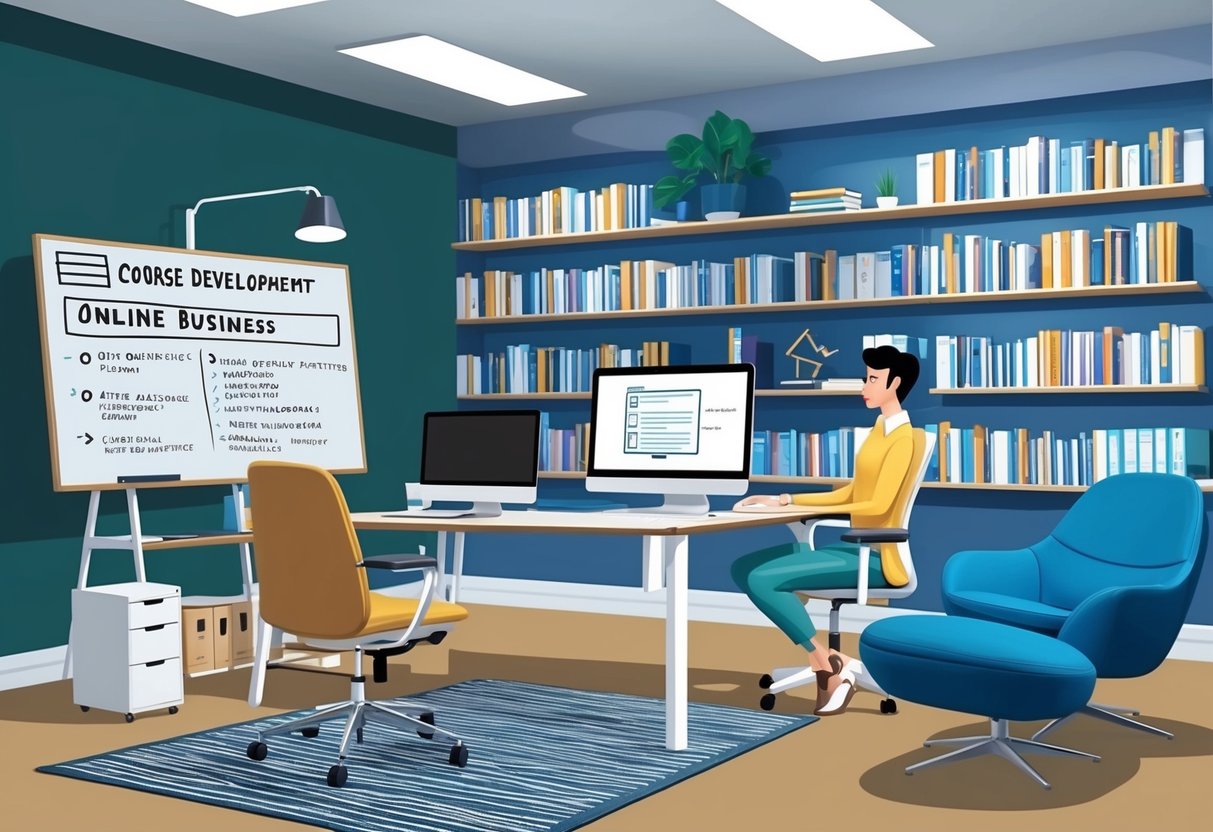 A modern, well-equipped home office with a computer, desk, and comfortable seating. Shelves filled with books on course development and online business. A large whiteboard with a strategic plan drawn out