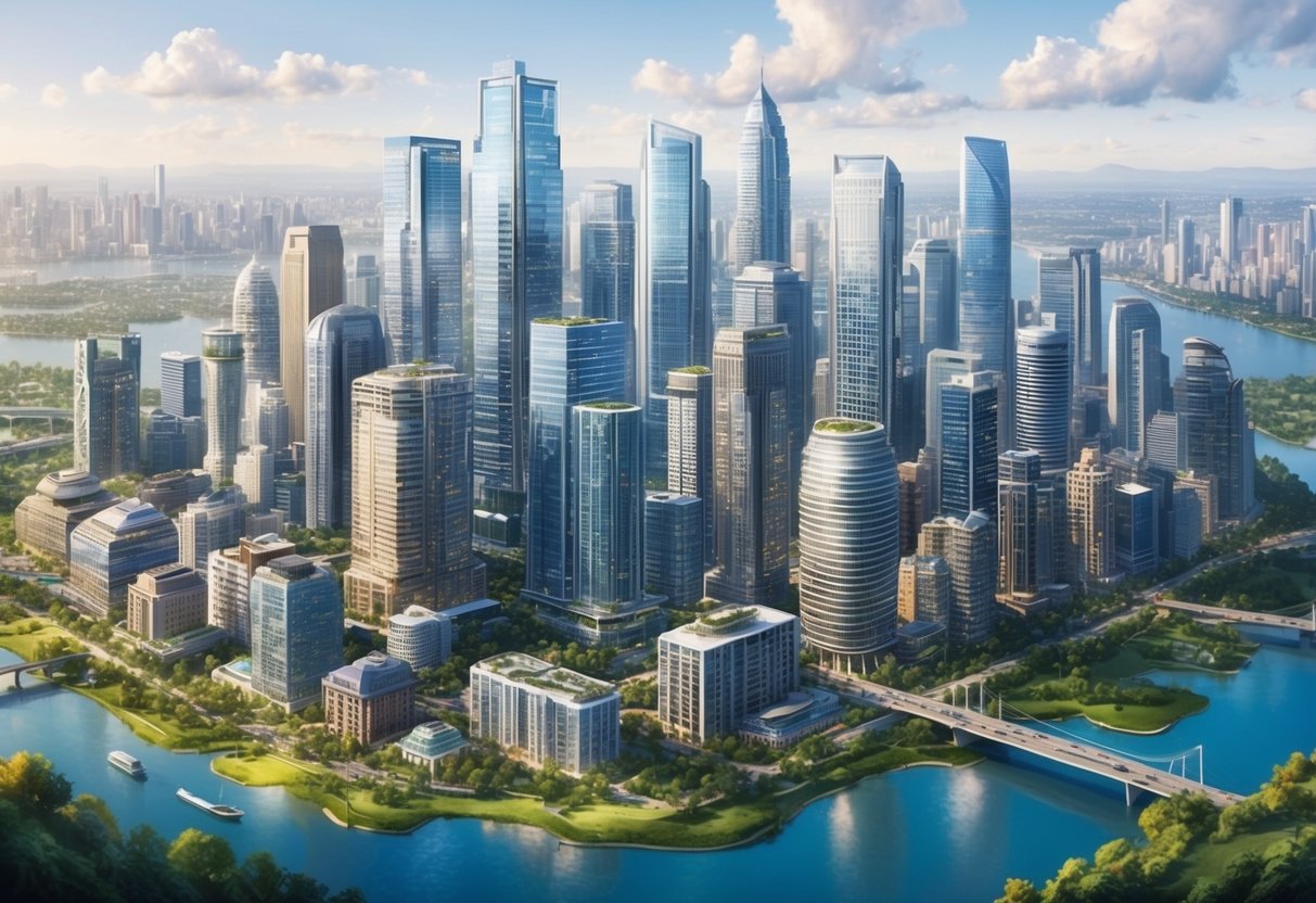 A bustling city skyline with a mix of modern skyscrapers and traditional buildings, surrounded by lush greenery and bodies of water, showcasing the expansion of real estate investments into new markets