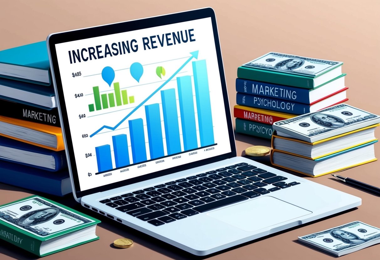 A laptop displaying a graph of increasing revenue, surrounded by books on marketing and psychology, with a stack of cash symbolizing passive income