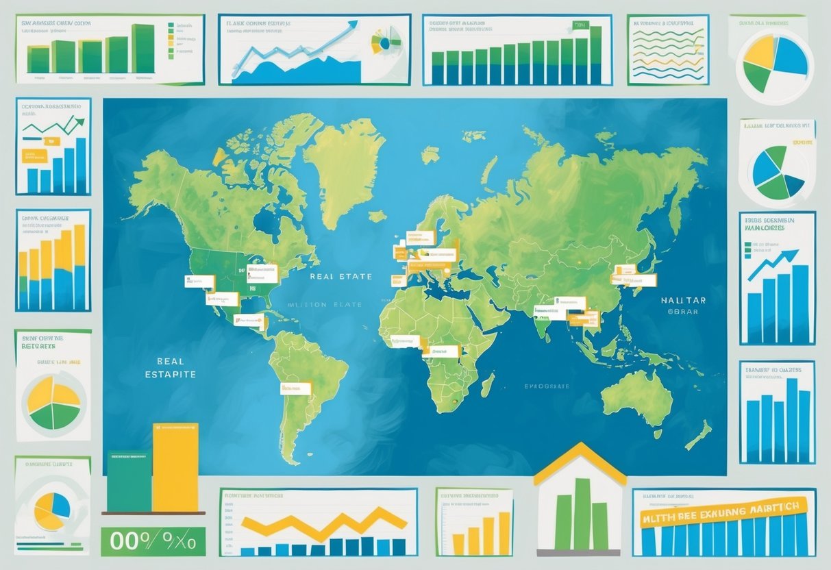 A map with multiple locations highlighted, surrounded by charts and graphs showing growth and expansion in real estate markets