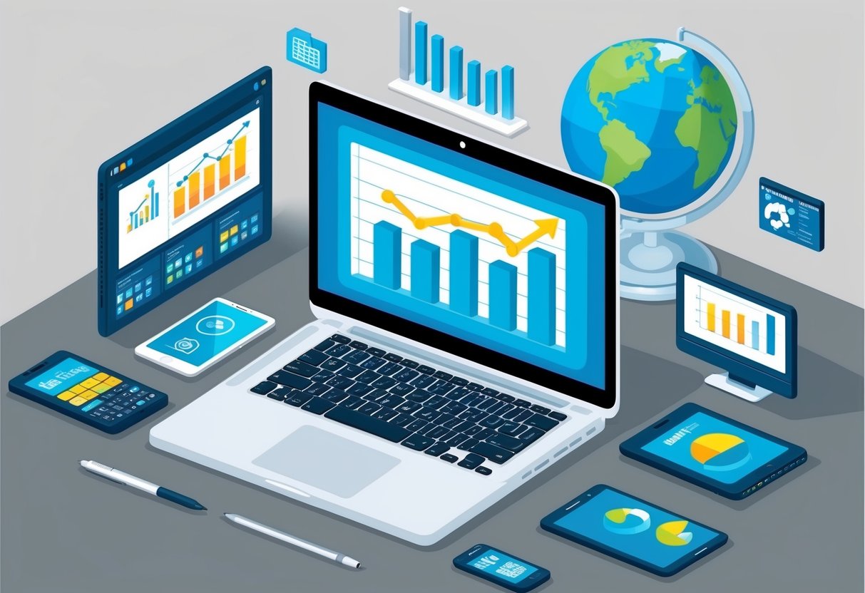 A laptop surrounded by various electronic devices, with a graph showing increasing profits and a globe symbolizing global reach