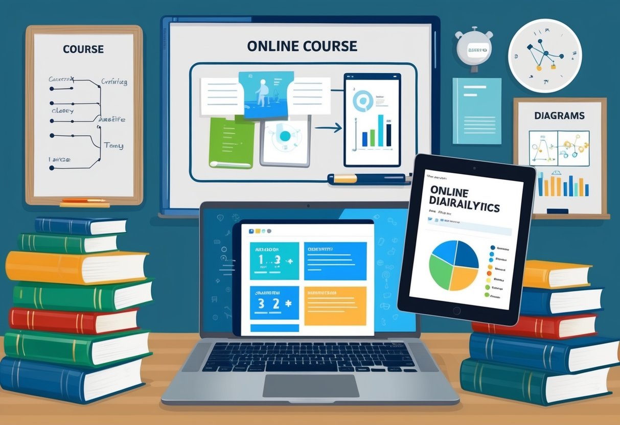 A laptop surrounded by books, a whiteboard with diagrams, and a tablet displaying online course analytics