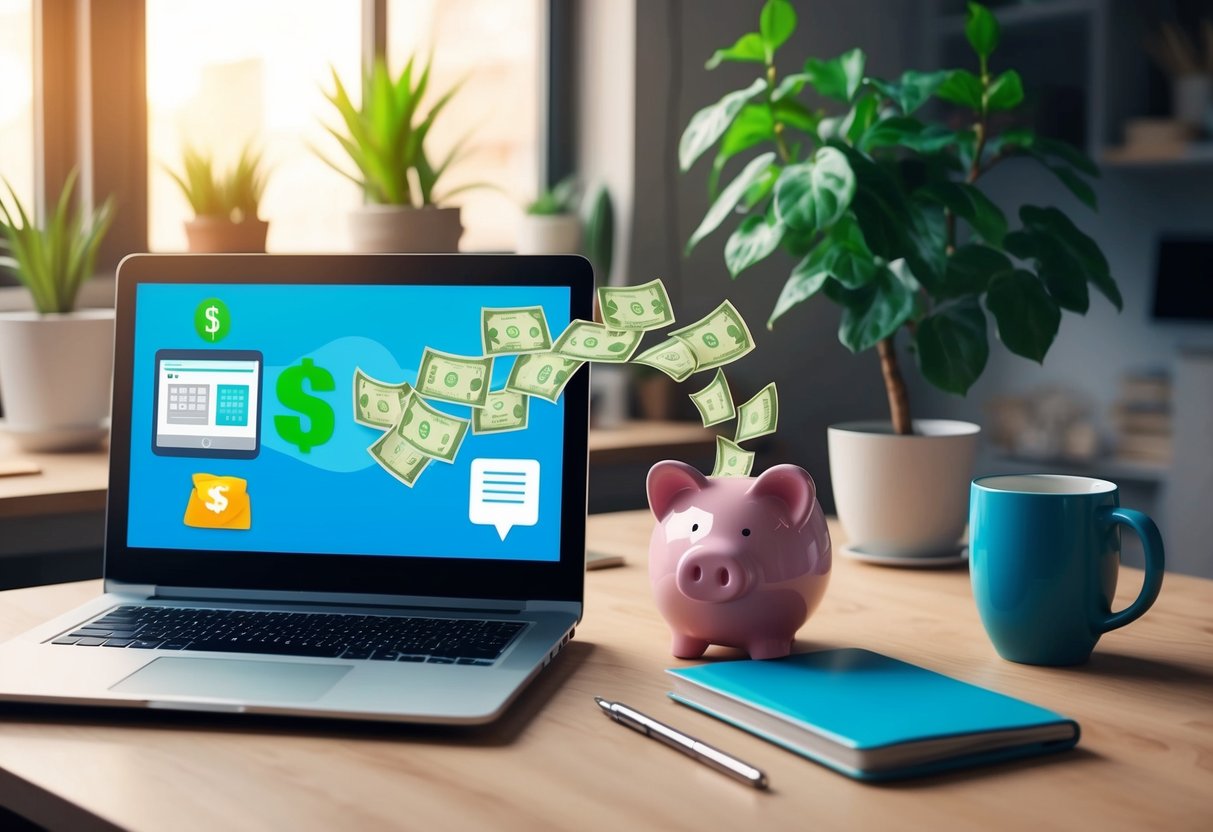 A cozy home office with a laptop, coffee mug, and plant. A stream of income flows from a laptop screen into a piggy bank