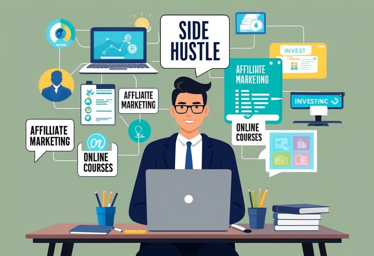 A person sitting at a desk with a laptop, surrounded by various side hustle options such as investing, affiliate marketing, and online courses