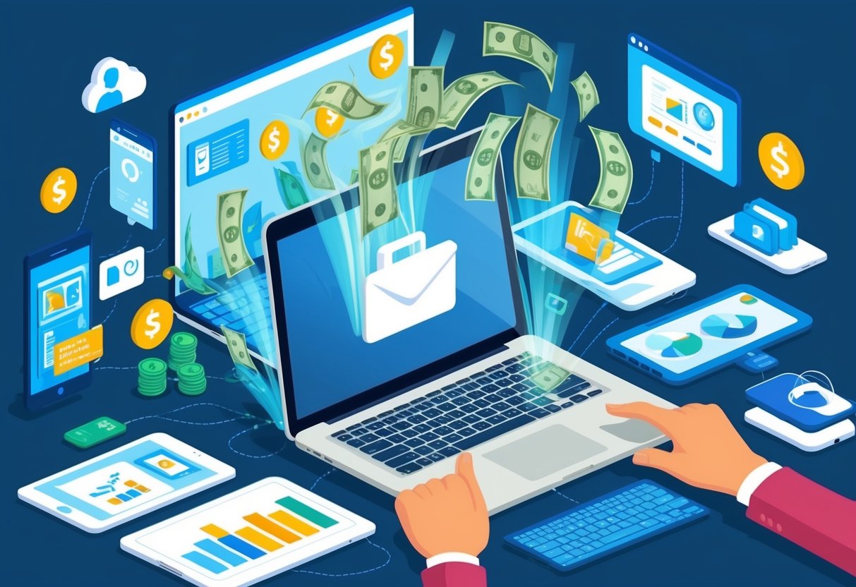 A laptop surrounded by various digital devices, with money flowing into it, symbolizing the concept of affiliate marketing and passive income streams