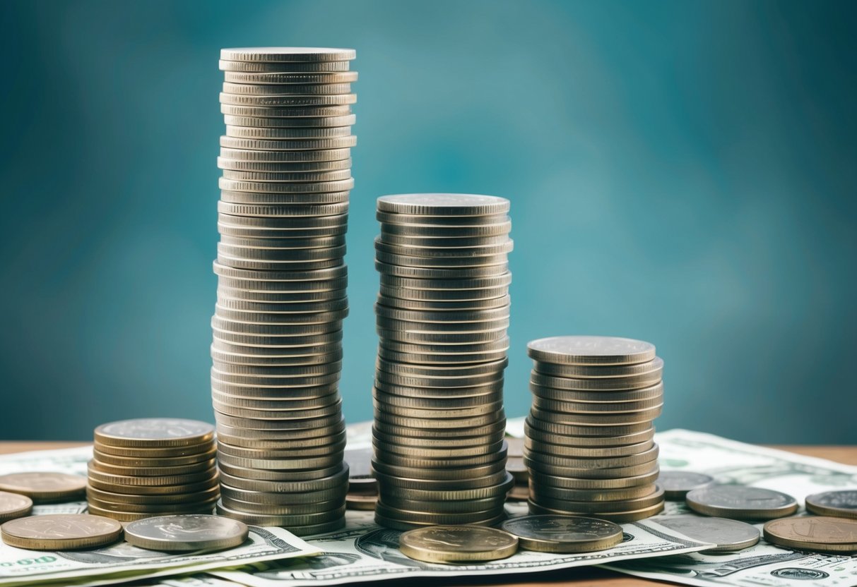 A stack of coins and dollar bills grows taller, representing the transformation of passive income side hustles into full-time revenue streams