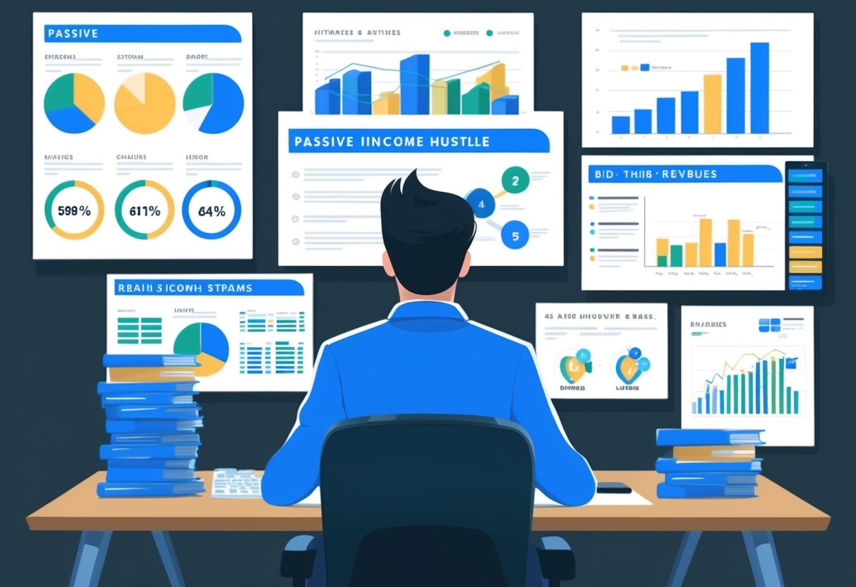 A person sitting at a desk, surrounded by charts and graphs, brainstorming and planning for the expansion of their passive income side hustles into full-time revenue streams