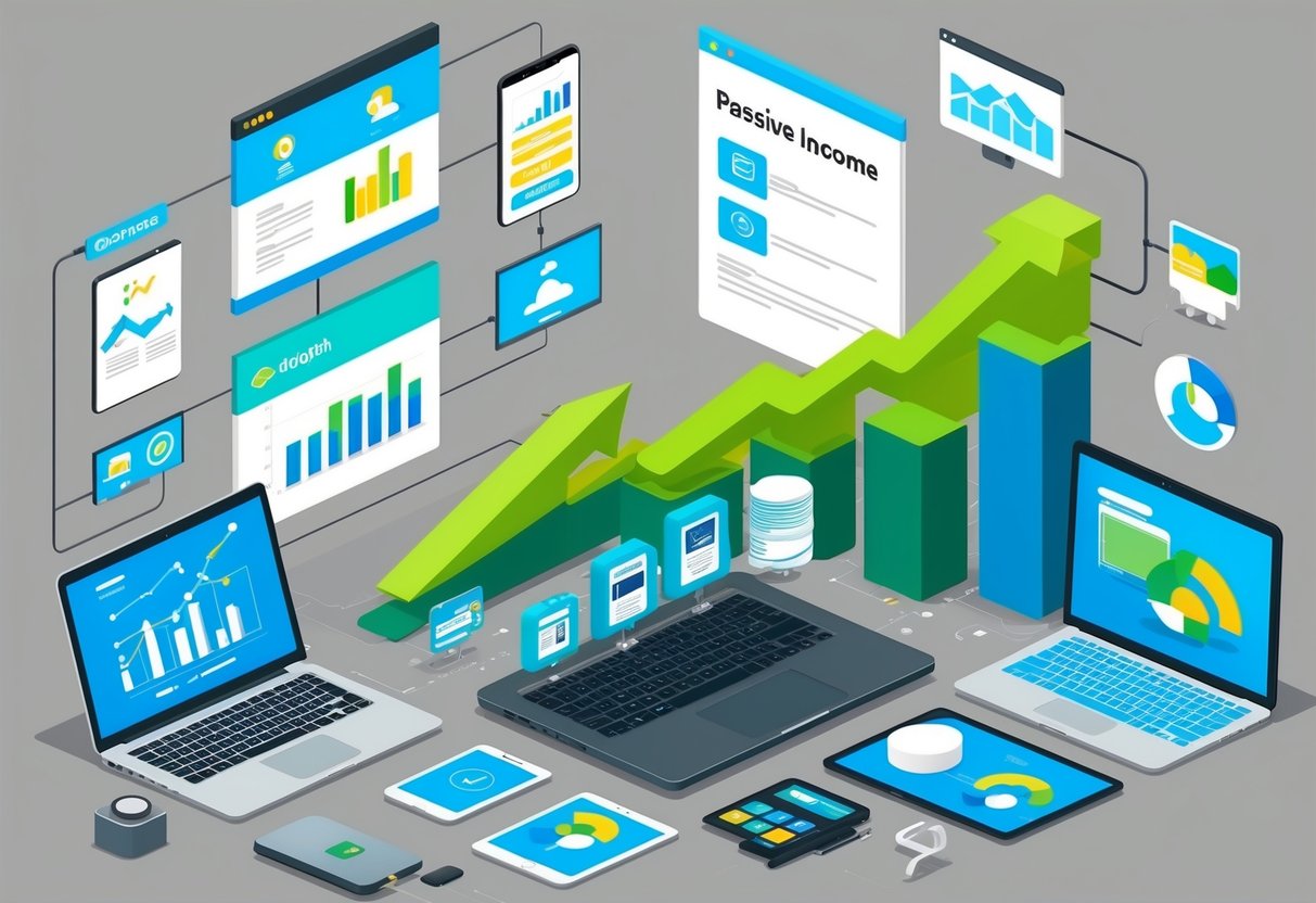 A laptop surrounded by various digital devices and marketing materials, with a scale representing growth in passive income streams
