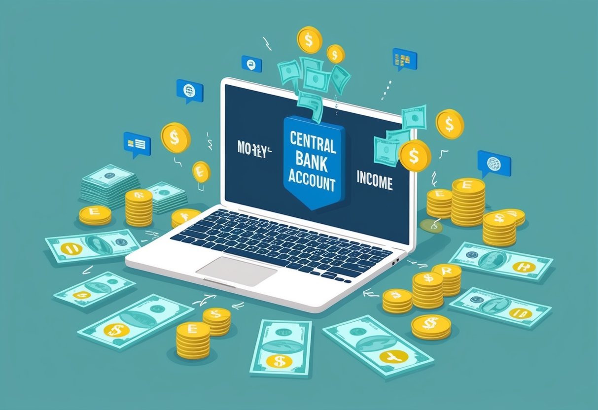 A laptop surrounded by various sources of income (e.g. rental properties, affiliate marketing, online courses) with money flowing into a central bank account