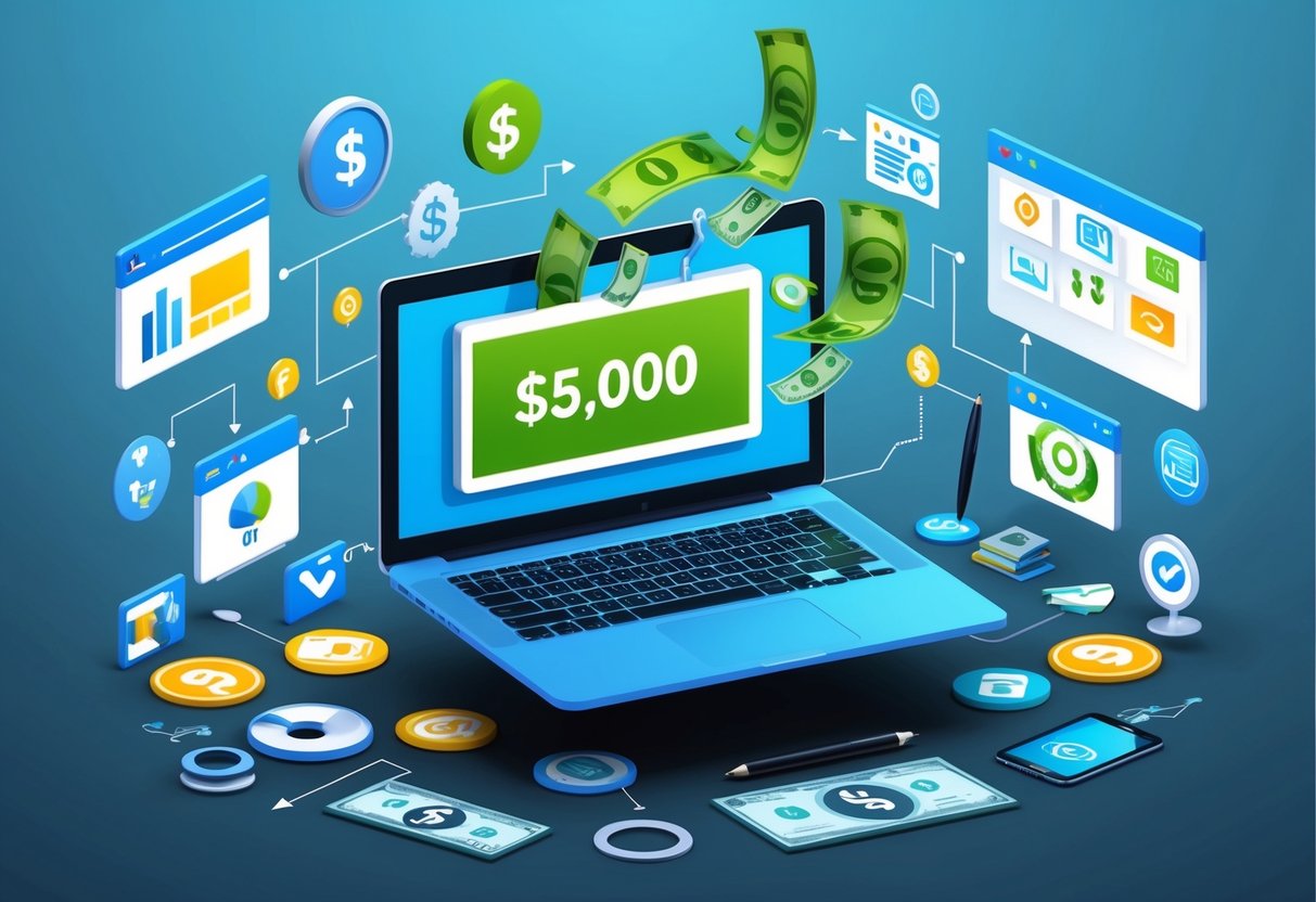 A laptop surrounded by various digital marketing tools and icons, with money flowing into it, representing passive income through affiliate marketing