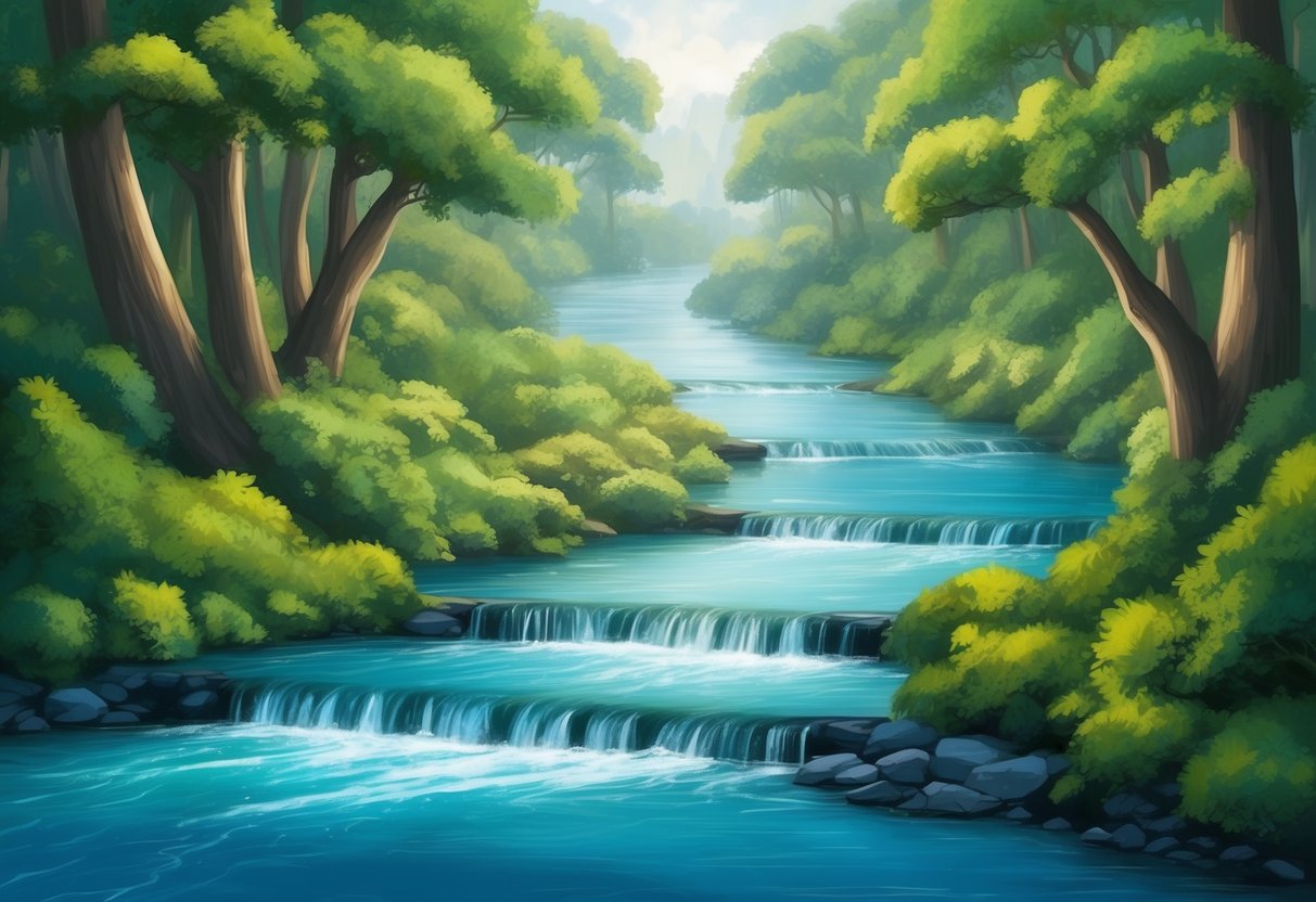 A serene river flowing through a lush forest, with multiple streams converging into one, symbolizing various passive income sources merging into a full-time revenue stream