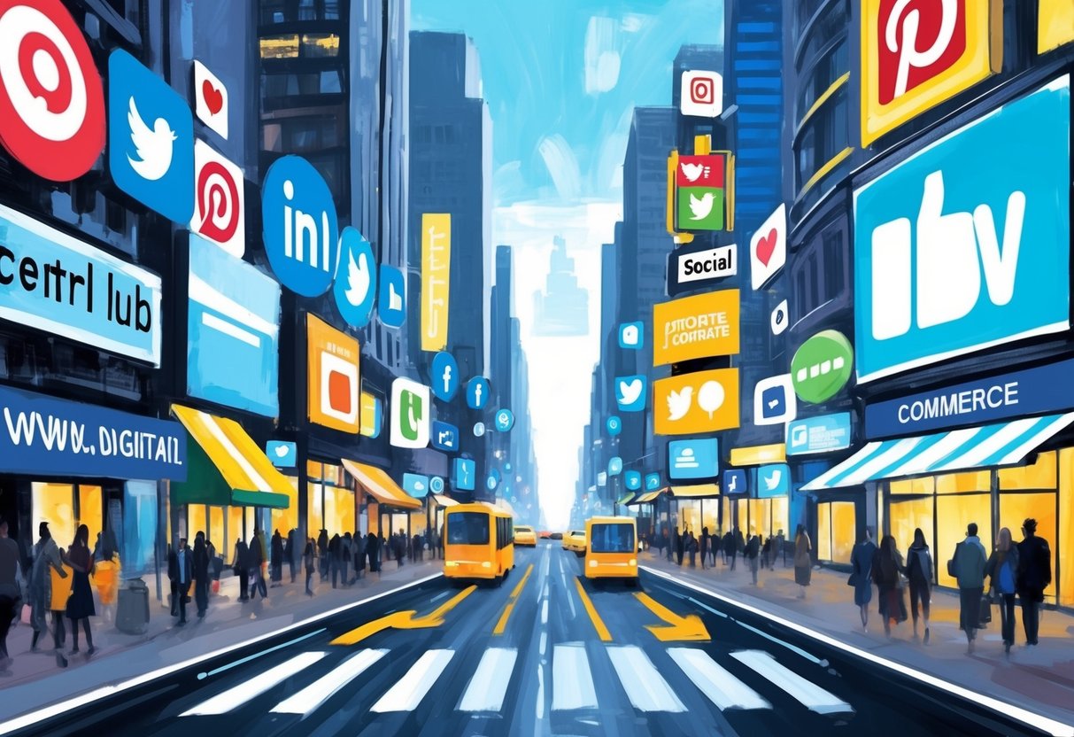 A bustling city street with billboards, social media icons, and website links leading to a central hub of digital commerce