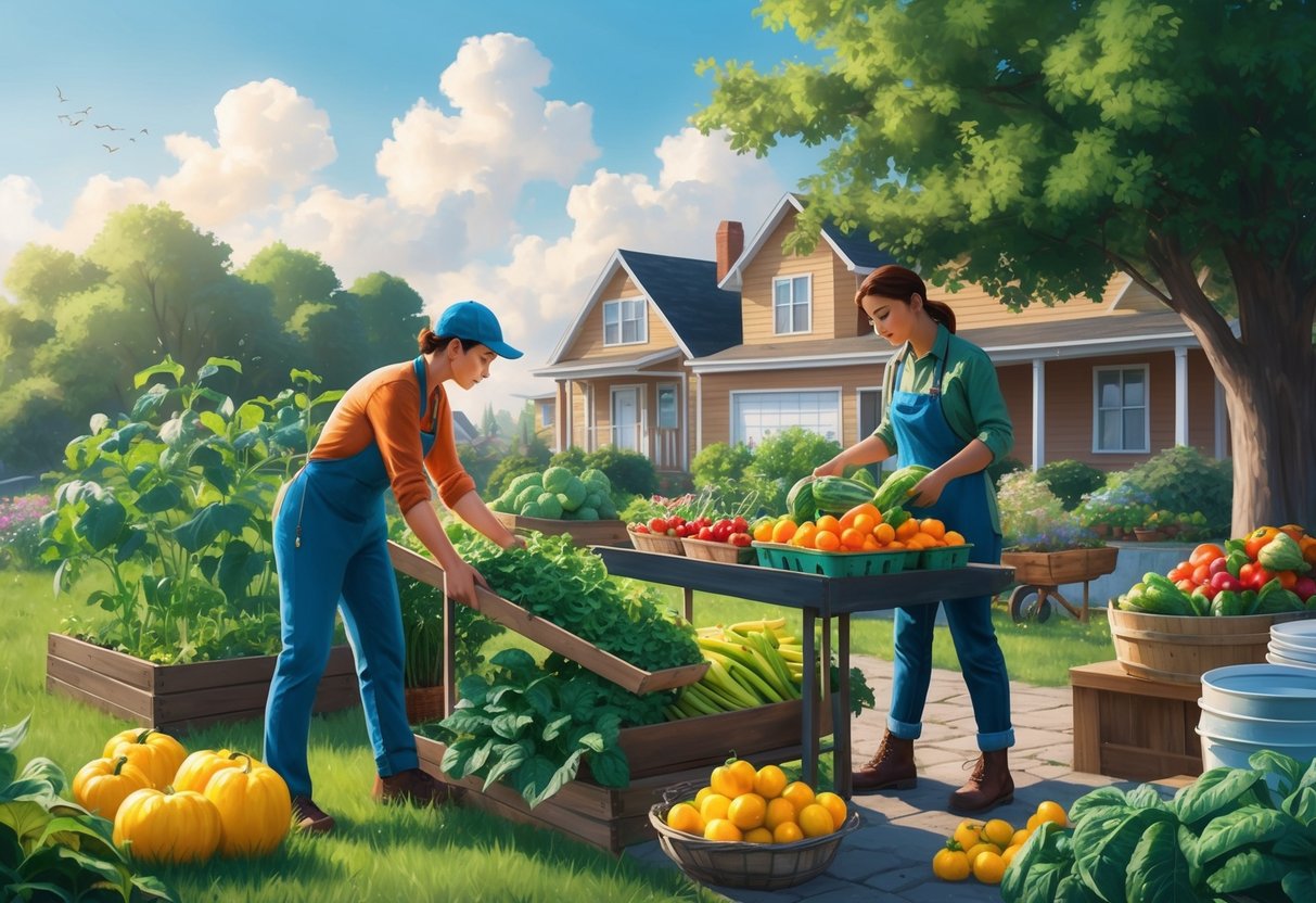 A person tending to a garden, selling produce at a market, and managing a rental property simultaneously