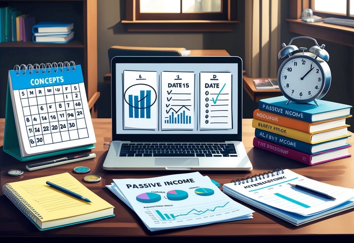 A desk cluttered with a laptop, notebook, and financial documents. A calendar with dates circled and a clock showing late hours. A stack of books on passive income and entrepreneurship