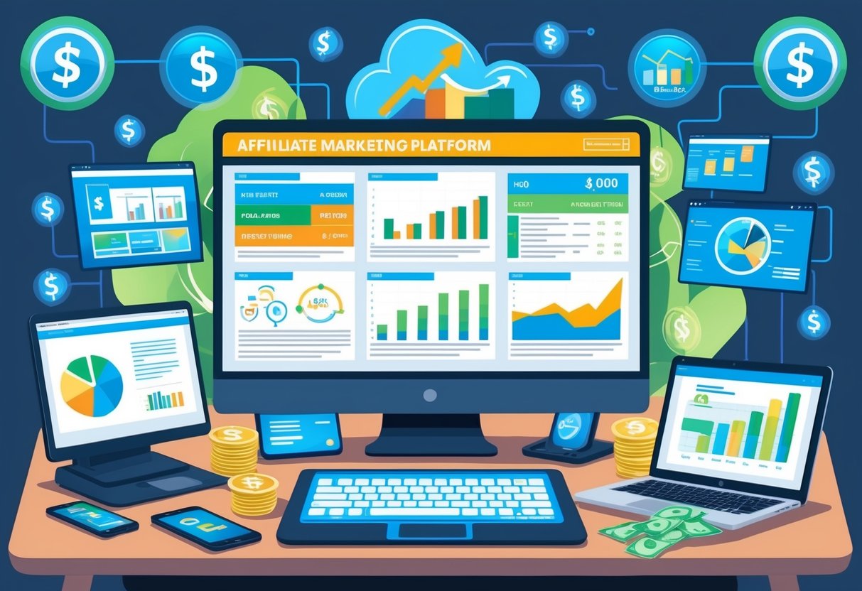A computer screen displaying various affiliate marketing platforms and revenue charts, surrounded by digital devices and money symbols
