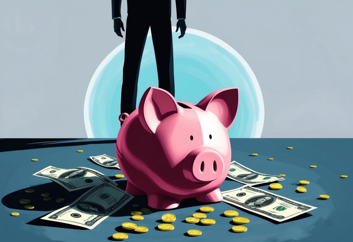 A broken piggy bank lying on the ground with scattered coins and dollar bills around it. A shadow of a person standing tall in the background, symbolizing resilience
