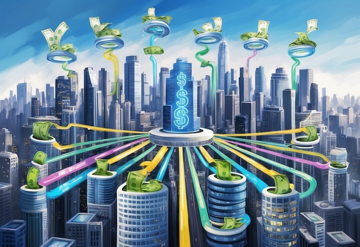 A bustling city skyline with multiple streams of income flowing into a central business, symbolizing the growth from passive side hustles to full-time revenue