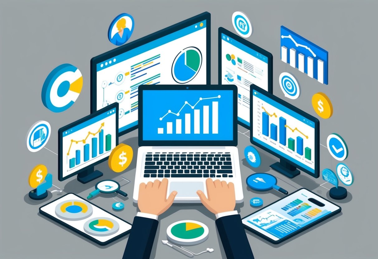 A laptop surrounded by various digital marketing tools and technology, with multiple passive income streams represented by graphs and charts