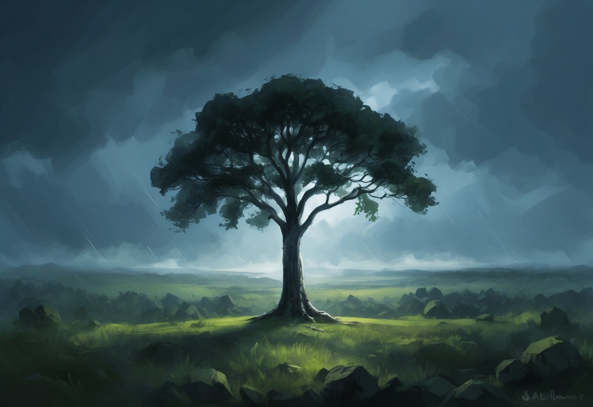 A lone tree stands resilient amidst a stormy landscape, symbolizing the journey from setbacks to financial recovery