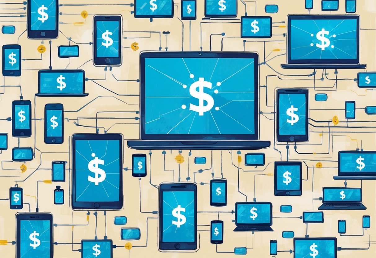 A network of interconnected digital devices with money symbols flowing between them