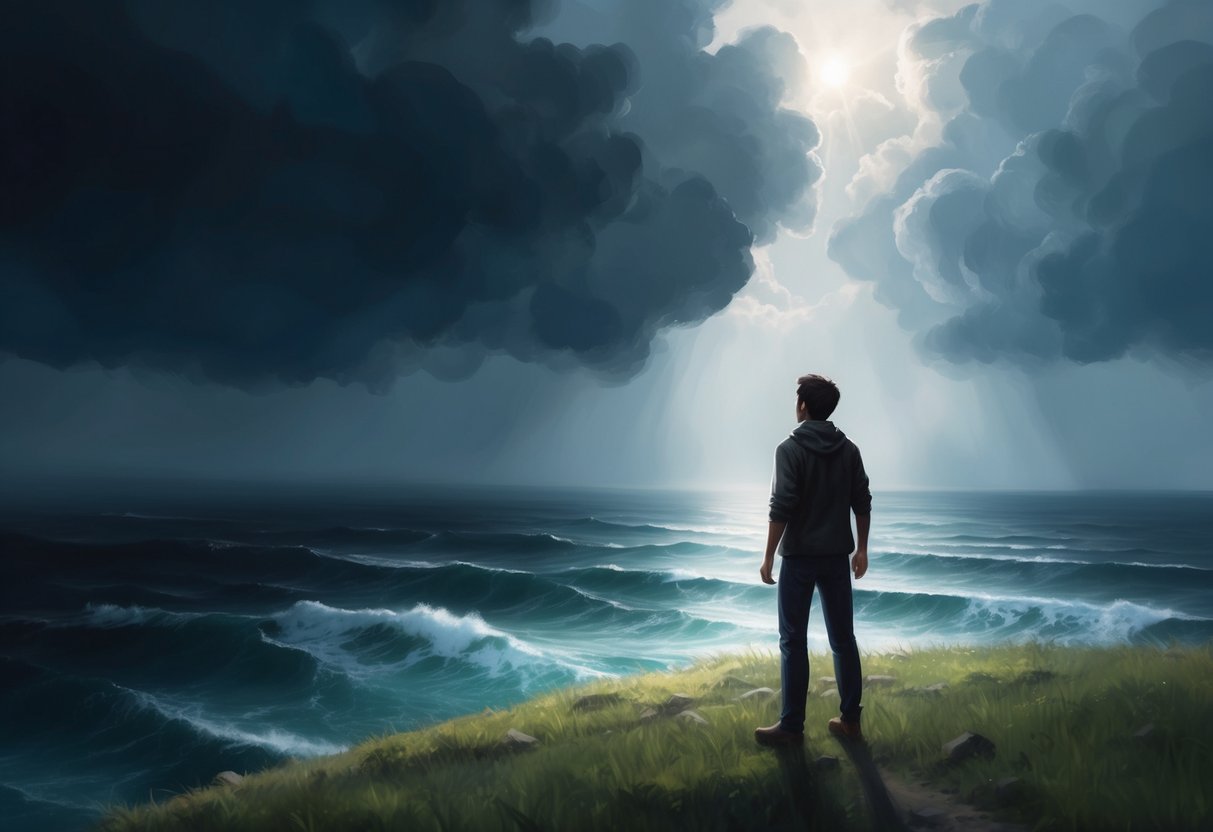 A person standing at the edge of a cliff, looking out at a stormy sea below. Dark clouds loom overhead, but a faint glimmer of sunlight breaks through, symbolizing hope and resilience