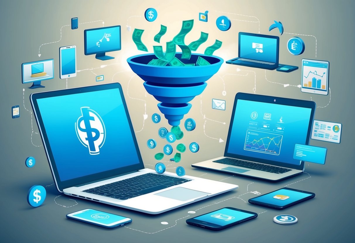 A laptop surrounded by various digital devices and icons, with money flowing into a funnel representing passive income streams
