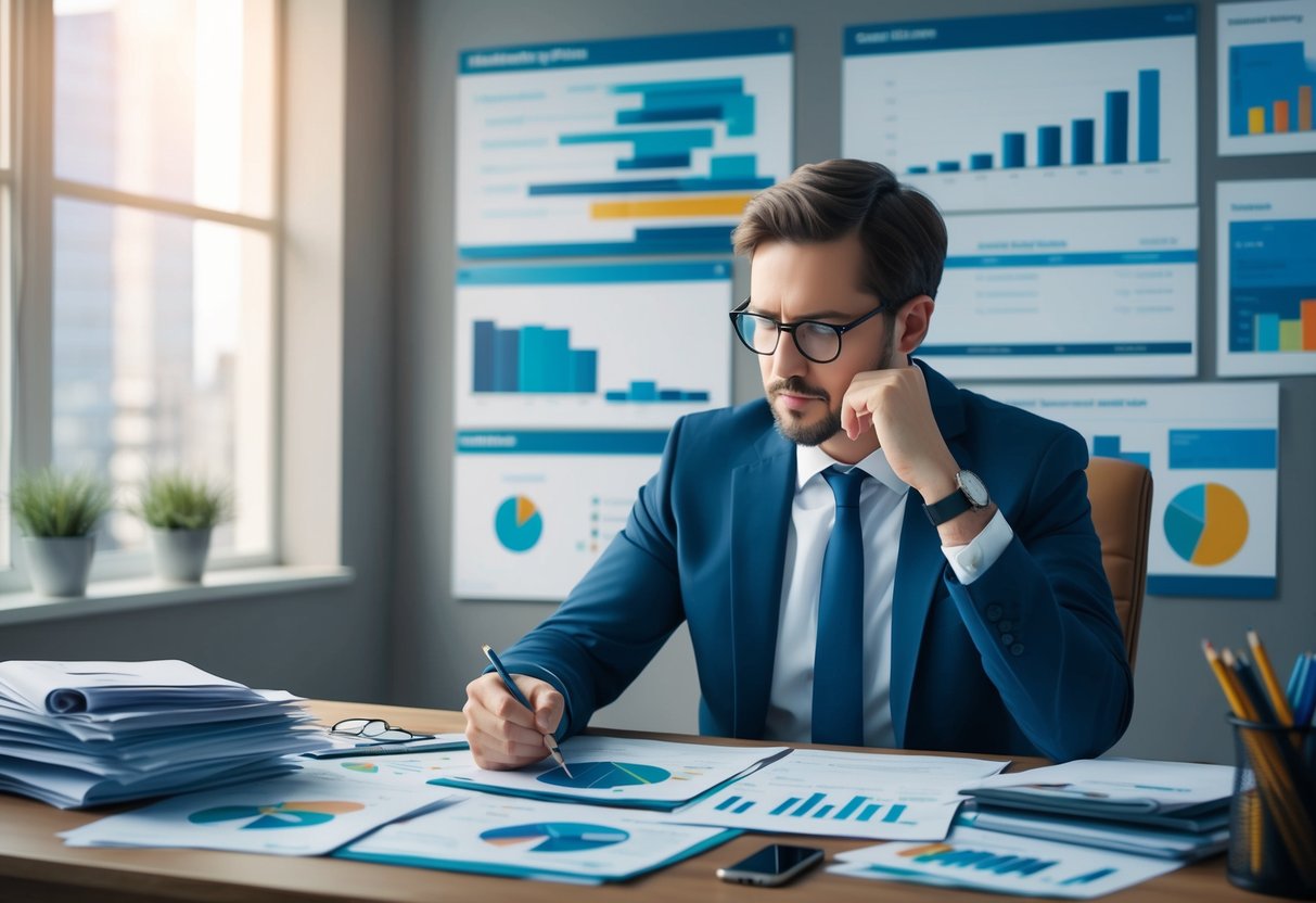 A person sitting at a desk, surrounded by financial documents and charts, deep in thought while crafting a tailored financial recovery plan