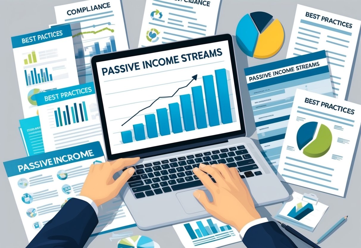 A laptop displaying a graph of increasing passive income streams, surrounded by various compliance and best practices documents