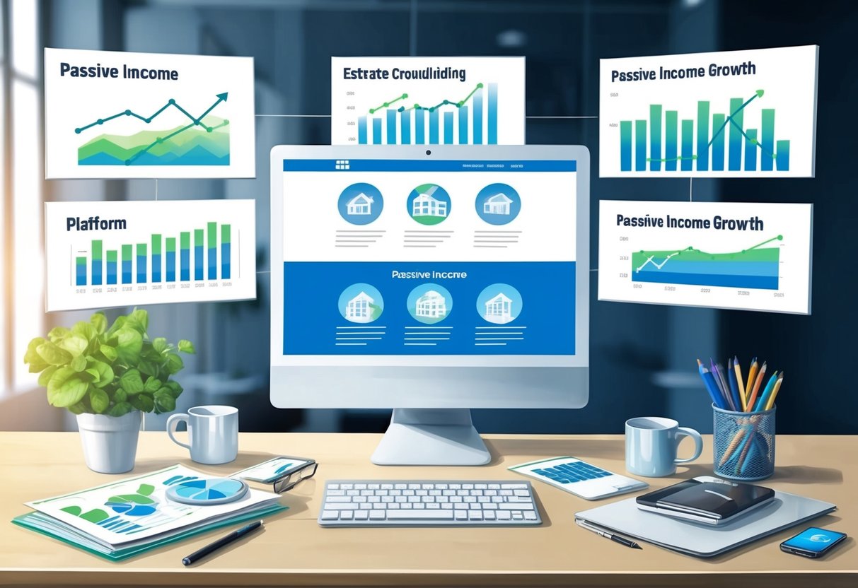 A modern office space with a computer displaying real estate crowdfunding platform, surrounded by charts and graphs showing passive income growth