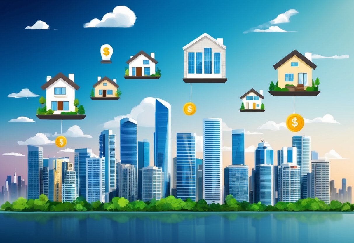 A modern city skyline with various real estate properties and investment symbols floating above, representing the concept of real estate crowdfunding for passive income growth