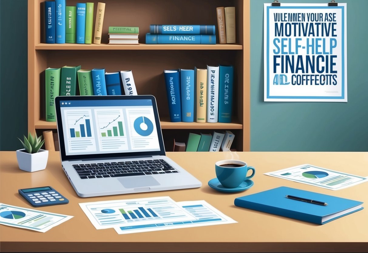 A desk with a laptop, financial documents, and a cup of coffee. A bookshelf filled with self-help and finance books. A motivational poster on the wall