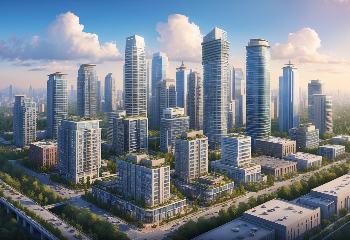 A bustling city skyline with various real estate properties, including apartment buildings, office towers, and retail spaces, all surrounded by greenery and modern infrastructure